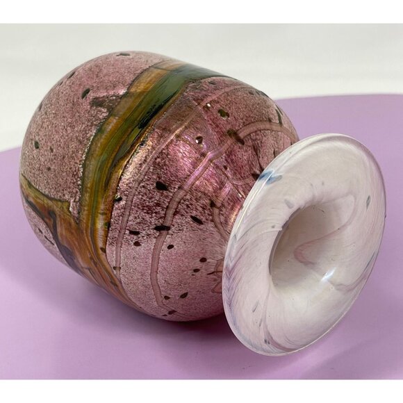 Vintage art glass vase, pink, green, gold, hand blown, signed Gozo Jean - Picture 7 of 10